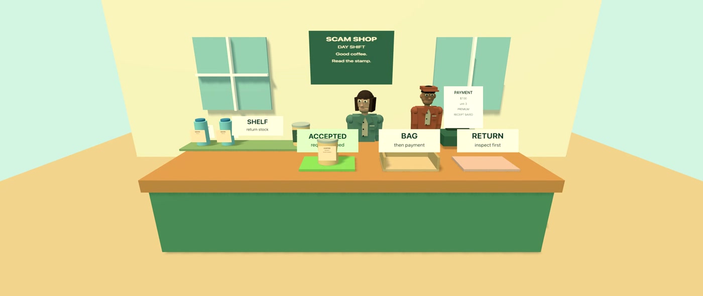Daylight Scam Shop counter with coffee stock, a scanner, shopping bag and customer.